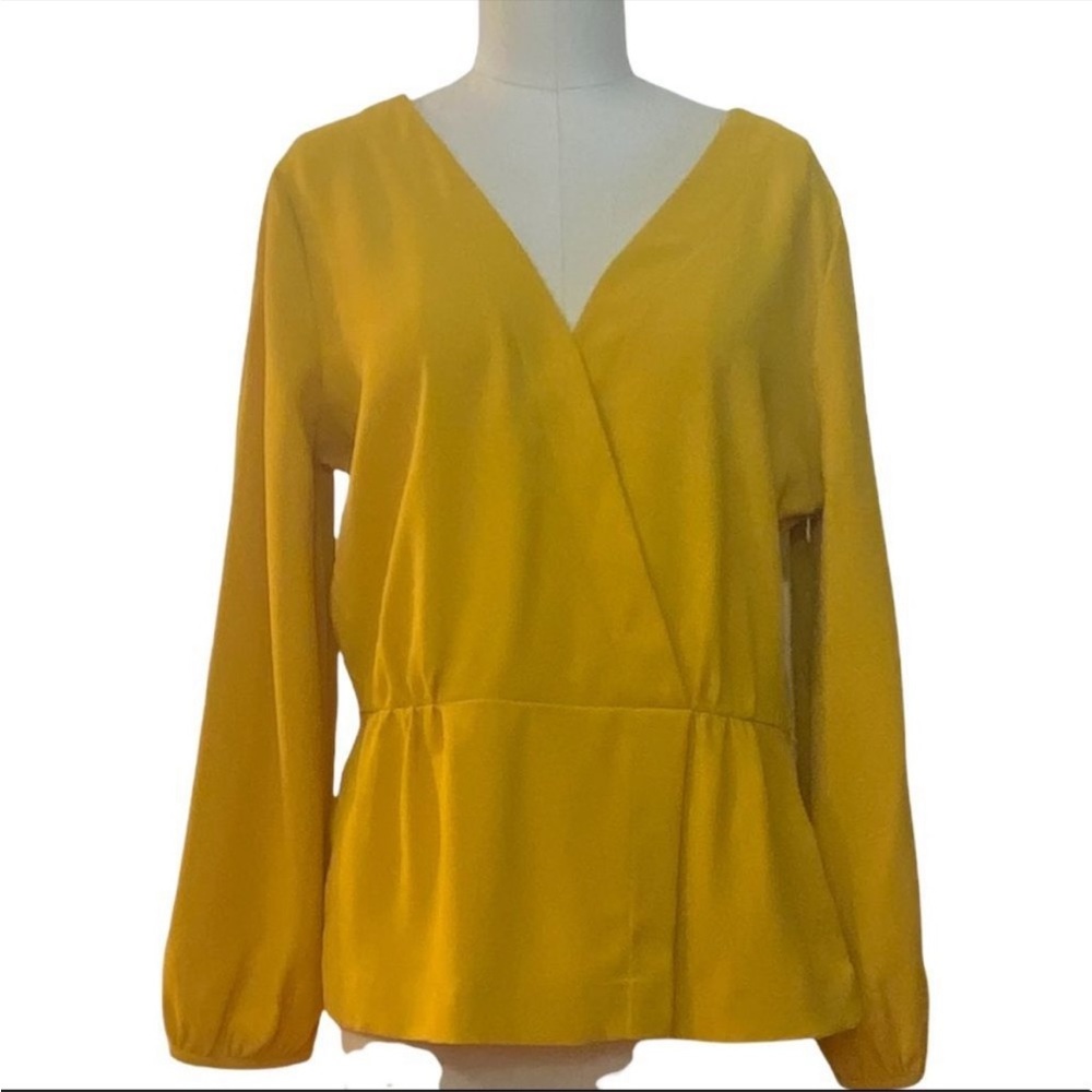 J CREW peplum wrap 3/4 sleeve side zipper gold blouse + size 8